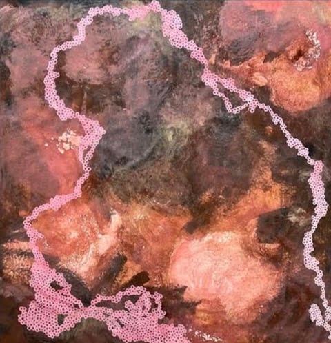 This image shows a large contemporary abstract painting (169 x 169 cm) titled Ostracisées by Australian/French artist Janet Besançon. The artwork features layered shades of pink, red, and earthy clay tones created with Gumbaynggirr Country pigments, French ochres, and Australian clay. Artwork available for AUD 5800.