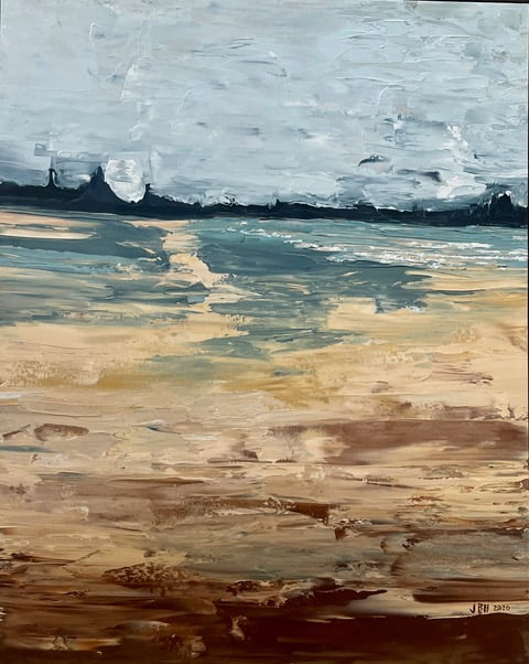 This image shows a medium-sized coastal painting (100 x 75 cm) by Australian/French artist Janet Besançon titled Marée basse à la Jetty. The artwork captures the calm beauty of the shoreline at low tide in Coffs Harbour, painted in layered earthy browns, golden sand, and soft blues. Sold to private collectors