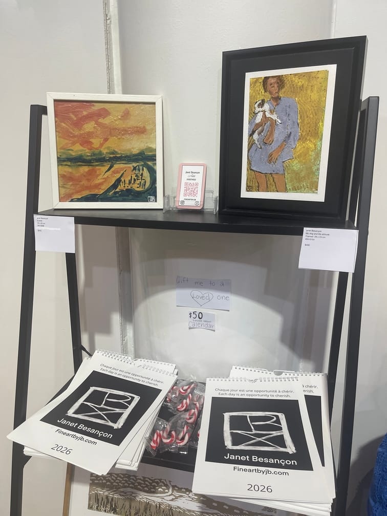 "Je Bulle Librement" art exhibition in Coffs Harboor, stand with Janet Besancon Artist Display of her 2026 Calendars and Prints on sale